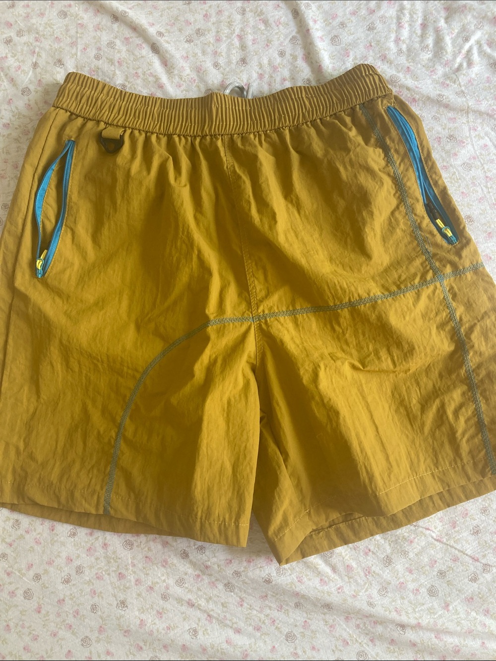 SHEIN Mustard Yellow Swim Trunks with Teal Pocket Accents